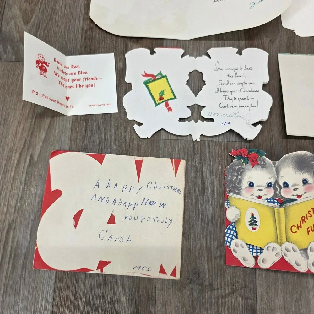 Vintage 1950s Christmas Card Lot Die Cut Kittens Puppies Teddy Bear MCM Norcross